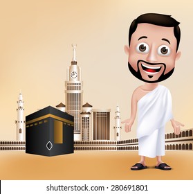 3D Realistic Muslim Man Character Wearing Ihram Clothes Performing Hajj or Umrah with Kaaba and Golden Clock Tower in Makkah Background. Editable Vector Illustration