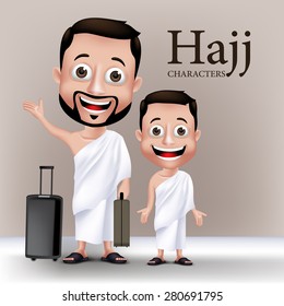 3D Realistic Muslim Man and Kid Characters Wearing Ihram Clothes Traveling to Perform Hajj or Umrah with Traveling Bags. Editable Vector Illustration