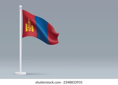 3.ª bandera nacional realista de Mongolia aislada en fondo gris con espacio de copia