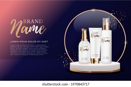 3D Realistic Natural beauty cosmetic product for face or body care on glossy bokeh background. Design Template of Fashion Cosmetics Product  for Ads, flyer or Magazine Background. 