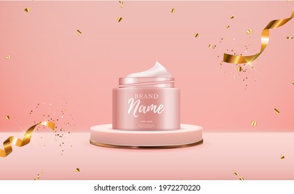 3D Realistic Natural beauty cosmetic product for face or body care on glossy bokeh background. Design Template of Fashion Cosmetics Product  for Ads, flyer or Magazine Background. Vector Illustration 