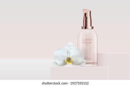 3D Realistic Natural cosmetic product for face care with orchid flower. Design Template of Fashion Cosmetics Product  for Ads, flyer or Magazine Background. Vector Illustration EPS10