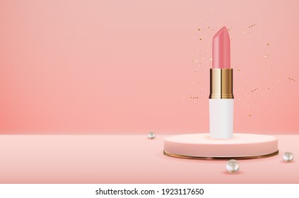 3D Realistic Natural Lipstick on Pink Podium with Pearl Design Template of Fashion Cosmetics Product  for Ads, flyer, banner or Magazine Background. Vector Iillustration. EPS10