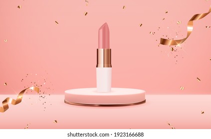 3D Realistic Natural Lipstick on Pink Podium Design Template of Fashion Cosmetics Product  for Ads, flyer, banner or Magazine Background. Vector Iillustration. EPS10