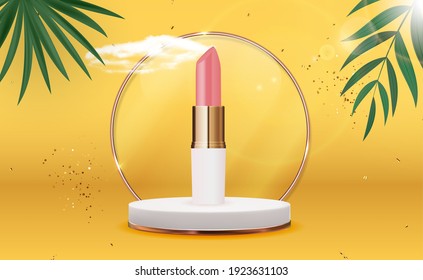 3D Realistic Natural Lipstick on Yellow Podium Design Template with Palm Leaves for Fashion Cosmetics Product for Ads, flyer, banner or Magazine Background. Vector Iillustration EPS10