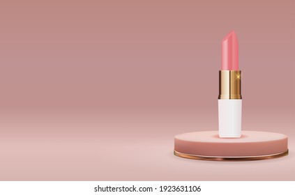 3D Realistic Natural Lipstick on Pink Podium Design Template of Fashion Cosmetics Product  for Ads, flyer or Magazine Background. Vector Iillustration EPS10