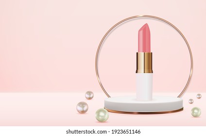 3D Realistic Natural Lipstick on Pink Podium with Pearls Design Template of Fashion Cosmetics Product  for Ads, flyer, banner or Magazine Background. Vector Iillustration EPS10