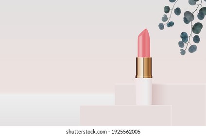 3D Realistic Natural Lipstick on Pink Podium Design Template of Fashion Cosmetics Product  for Ads, flyer or Magazine Background. Vector Iillustration EPS10