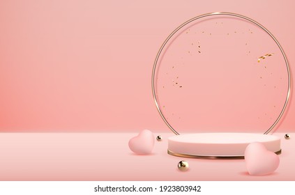 3D Realistic Natural Pink Podium with Hearts Design Template of Fashion Cosmetics Product  for Ads, flyer, banner or Magazine Background. Vector Iillustration. EPS10