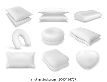 3d realistic neck pillow and sofa cushion mockup. Fluffy bolster pile, heart beanbag top view. Soft orthopedic and travel pillows vector set. Round, rectangular and heart shape for comfort and decor