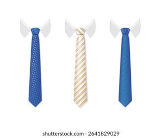 3d Realistic Neck tie with white collar. Tie neck vector with different stripe pattern. Vector