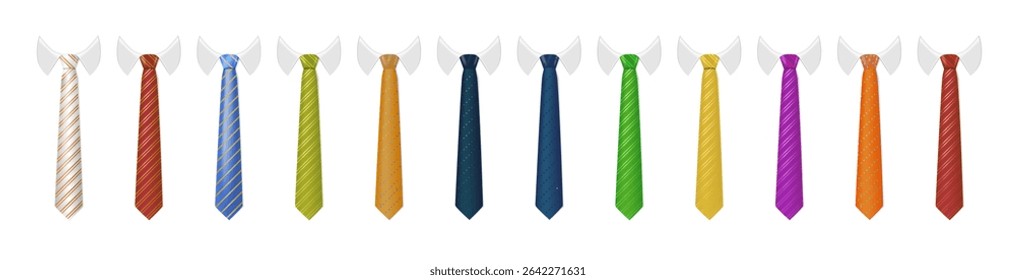 3d Realistic Neck tie with white collar. Tie neck vector with different stripe pattern. Vector