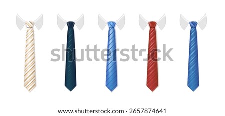 3d Realistic Neck tie with white collar. Tie neck vector with different stripe pattern. Vector