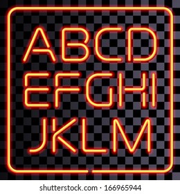 3D realistic neon letters. San-serif neon alphabet.