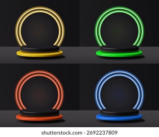 Pódios de néon 3d realistas definidos em fundo escuro. Coleção de ilustrações de vetor de estágios de produto vazio azul, verde, vermelho e amarelo.