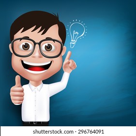 3D Realistic Nerd School Boy Student or Professor with Eyeglasses Happy Smiling with New Great Ideas in Blue Background Space for Texts. Vector Illustration