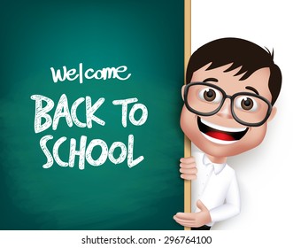 3D Realistic Nerd School Boy Student with Eyeglasses Happy Smiling Holding a Blackboard With Back to School Text Written Isolated in White Background. Vector Illustration