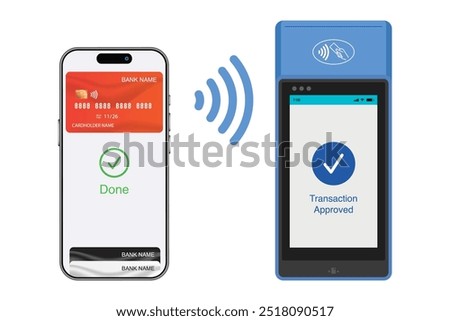 3D Realistic NFC and Contactless Payment Machine with Smartphone: Successful Payment and Authorized Transaction Approved on Bank Terminal Screen. Vector.