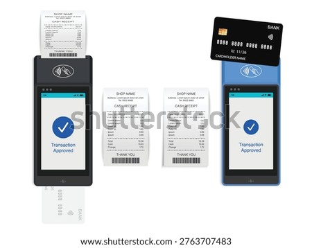 3D Realistic NFC Payment Terminal with Receipt, Debit and Credit Card – Contactless POS Machine Approved Transaction Mockup, Top View