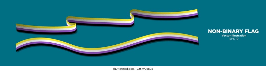 3D Realistic Non-binary pride Flag Ribbons with shadows. Long Horizontal non-binary Pride Flag Bands. Curled and rendered in perspective. Graphic Resource. Editable Vector Illustration.