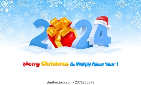 3d realistic numbers 2024 with red gift box and gold bow in the snow. Santa hat on the number 4. Winter snowy background. Christmas and New Year celebration creative design. Vector illustration