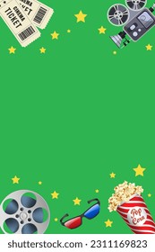 3d realistic objects popcorn, camera, glasses, tickets and clapperboard on green background. Decorative elements of the film industry for design template film festival banner, brochure, poster, flyer