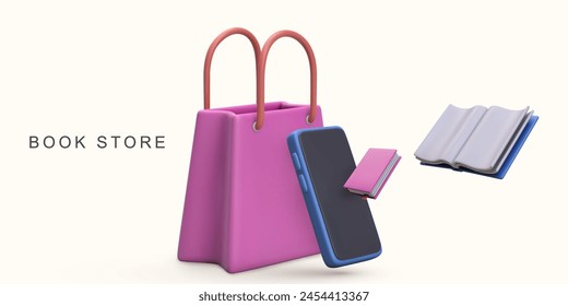 Tienda de libros en línea realista 3d sobre fondo blanco. Ilustración vectorial.