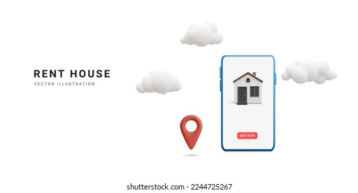 3d realistic online booking banner. Mobile application for book hotel, accommodation or apartment for vacation in cartoon style. Landing page of online rent reservation. Vector illustration