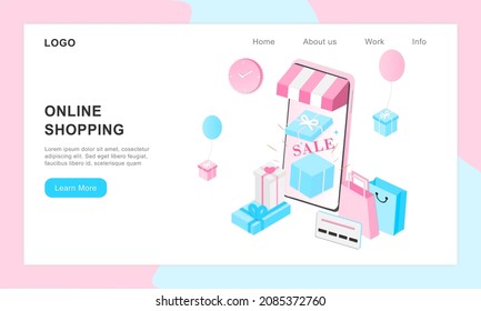 3D realistic online shopping on landing web page or mobile application concept of vector digital marketing template. Isometric paper art for digital store promotion, payment, delivery, big sale, ads.