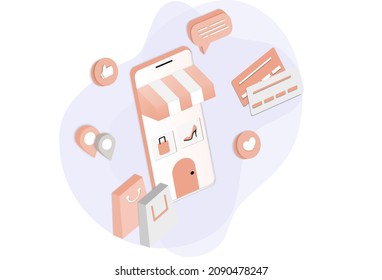 3D realistic online shopping on website or mobile application concept of vector marketing and digital marketing. Isometric paper art for digital store promotion, online payment, delivery, sale, ads.	