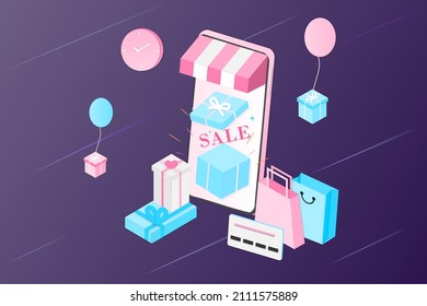 3D Realistic Online Shopping On Landing Web Page Or Mobile Application Concept Of Vector Digital Marketing Template. Isometric Digital Store Promotion, Payment, Delivery, Big Sale, Ads, Discount.	