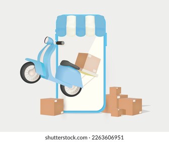 3d concepto de servicio de entrega de tiendas online realista con moto y paquetes en color azul
