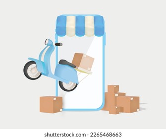 3d realistisches Online-Shop-Lieferservice-Konzept mit Motorrad und Packungen in blauer Farbe 