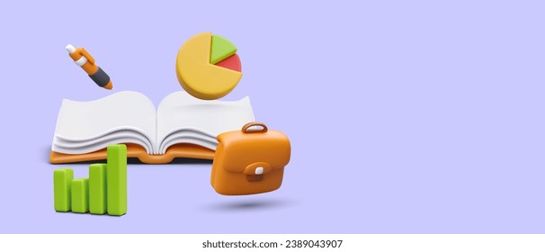 3d realistic open book with pen, histogram and pie diagram. Concept of business development and sales. Poster with purple background and place for text. Vector illustration
