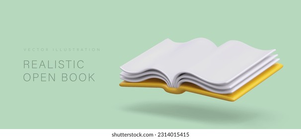 3d realistic open book with yellow cover. Poster with products for book online store concept. Colorful vector illustration in cartoon style with green background