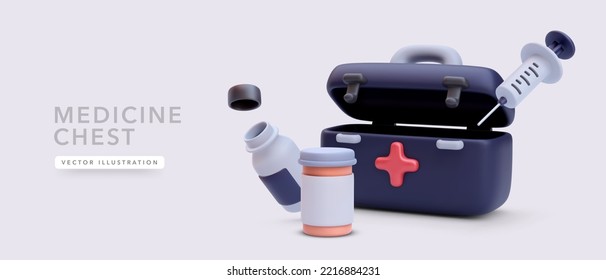 3d realistic open first aid kit with pill boxes and syringe isolated on light background. Vector illustration