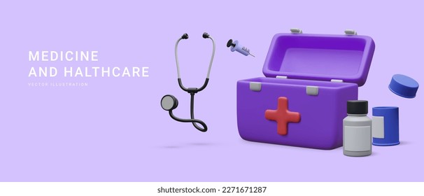 3d realistic open first aid kit with stethoscope, pill boxes and syringe isolated on light background. Online healthcare concept in cartoon style. Vector illustration