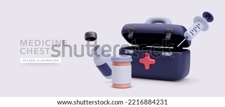 3d realistic open first aid kit with pill boxes and syringe isolated on light background. Vector illustration