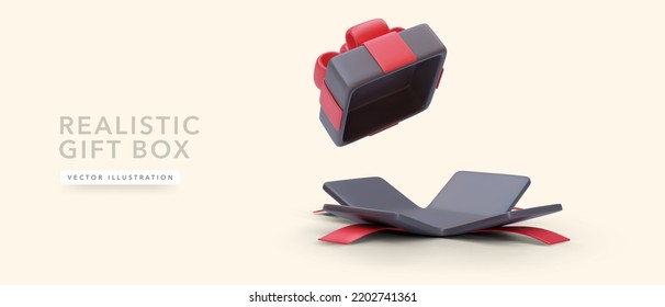 3d realistic open gift box with red ribbon isolated on yellow background. Vector illustration