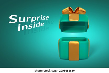 3D realistic open gift box with gold ribbon and bow. Surprise inside. Vector illustration.