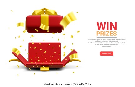 3d realistic open gift box and flying gold confetti on white background. Win Prizes concept. Vector Illustration.