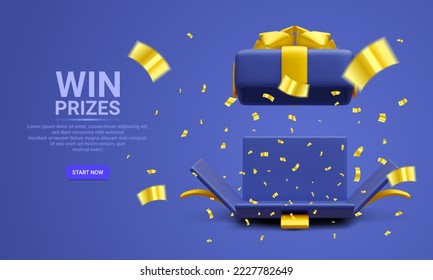 3d realistic open gift box and flying gold confetti on blue background. Win Prizes concept. Vector Illustration.