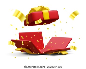 3d realistic open gift box and flying gold confetti on white background. Win Prizes concept. Vector Illustration.