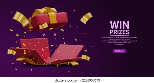 3d realistic open gift box and flying gold confetti on dark background. Win Prizes concept. Vector Illustration.