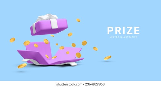 3d realistic open gift box and falling gold coins.  Concept for cryptocurrency bonus. You win prize. Vector illustration