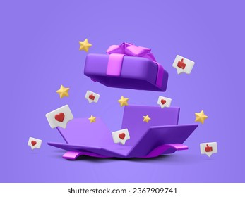 3d realistic open gift box with thumbs up, hearts and stars. Vector illustration