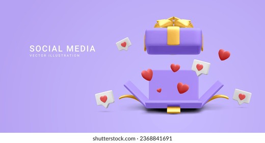 3d realistic open gift box with hearts and likes. Vector illustration