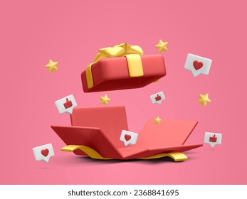 3d realistic open gift box with thumbs up, hearts and stars. Vector illustration