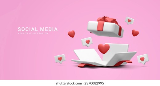 3d realistic open gift box with hearts and likes. Vector illustration