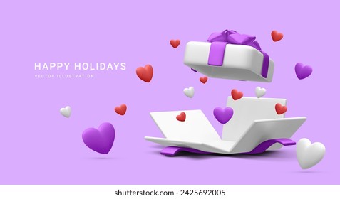 3d realistic open gift box with hearts isolated on light background. Vector illustration svg
